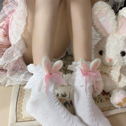 Sweet Bunny Ears Bow Ankle Socks - White C / One size