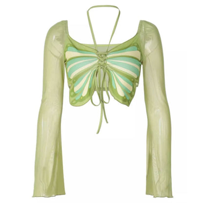 Sweet Butterfly Halter Crop Top - S / Green - Tops