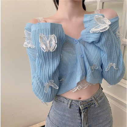 Sweet Butterfly Knitted Long Sleeve V-neck Crop Top BM118