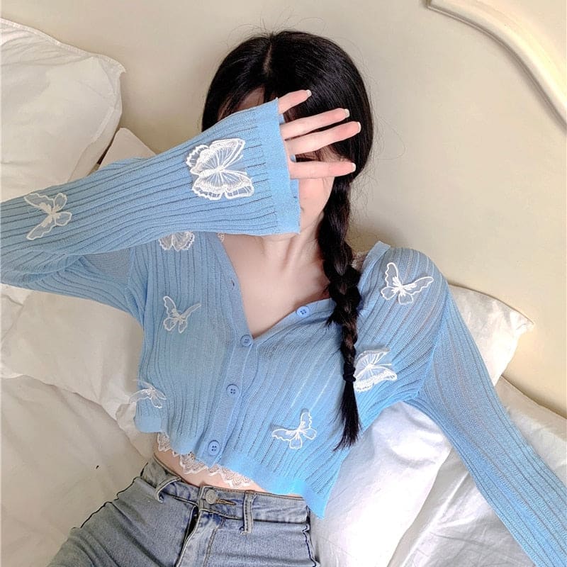 Sweet Butterfly Knitted Long Sleeve V-neck Crop Top BM118