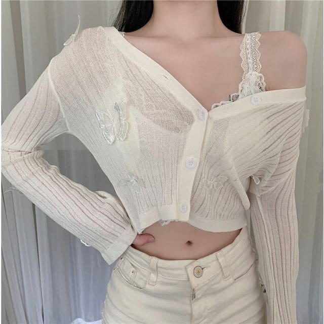 Sweet Butterfly Knitted Long Sleeve V-neck Crop Top BM118