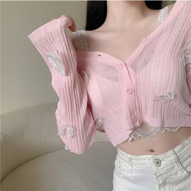 Sweet Butterfly Knitted Long Sleeve V-neck Crop Top BM118