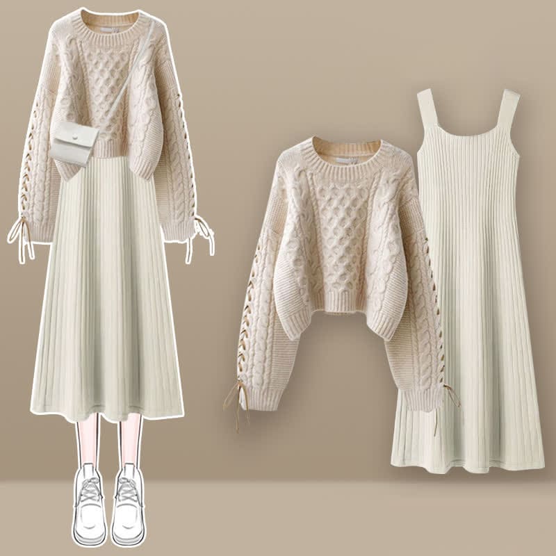 Sweet Cable Sweater Knit Slip Dress Set - Set B / M