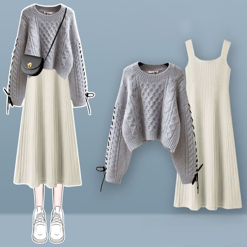 Sweet Cable Sweater Knit Slip Dress Set - Set C / M