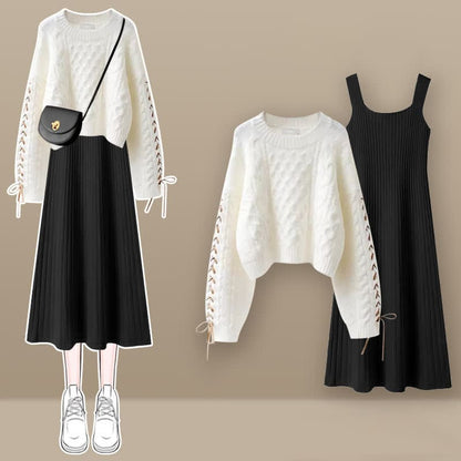 Sweet Cable Sweater Knit Slip Dress Set - Set D / M