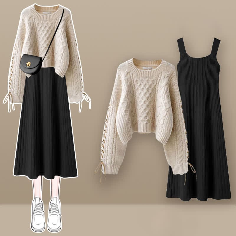 Sweet Cable Sweater Knit Slip Dress Set - Set E / M