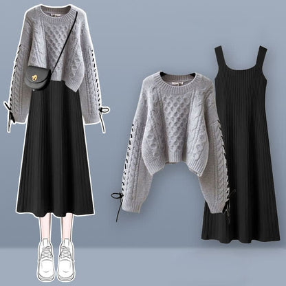 Sweet Cable Sweater Knit Slip Dress Set - Set F / M