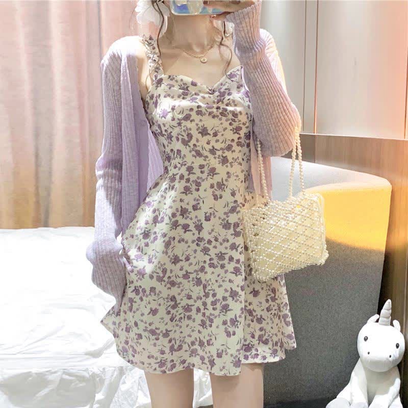 Sweet Cardigan Floral Print Slip Dress Set