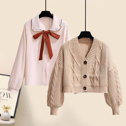 Sweet Cardigan Sweater Bow Tie Shirt Pleated Skirt Set