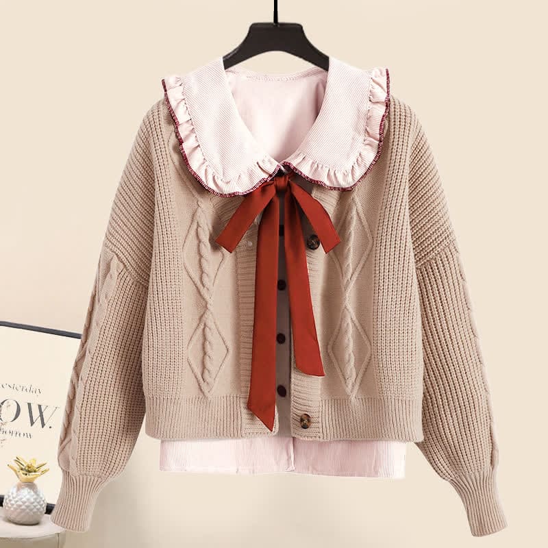 Sweet Cardigan Sweater Bow Tie Shirt Pleated Skirt Set