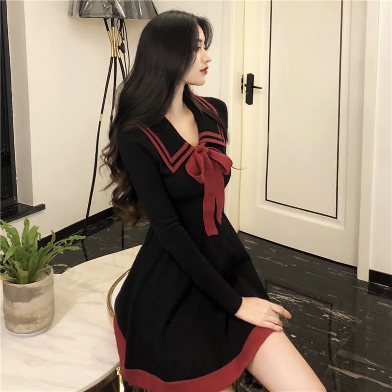 Sweet Collar Long Sleeve Lace Up Bow Knitted Dress MK16557