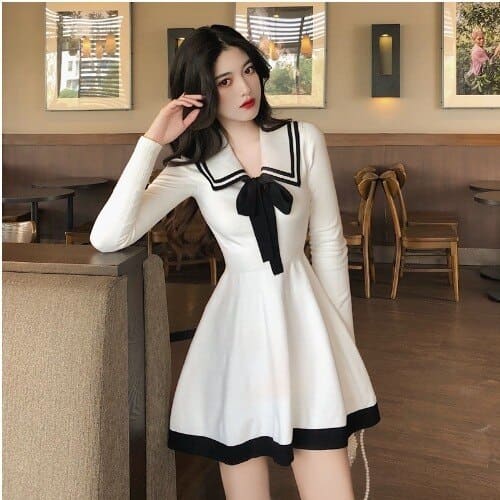 Sweet Collar Long Sleeve Lace Up Bow Knitted Dress MK16557