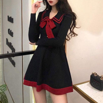 Sweet Collar Long Sleeve Lace Up Bow Knitted Dress MK16557