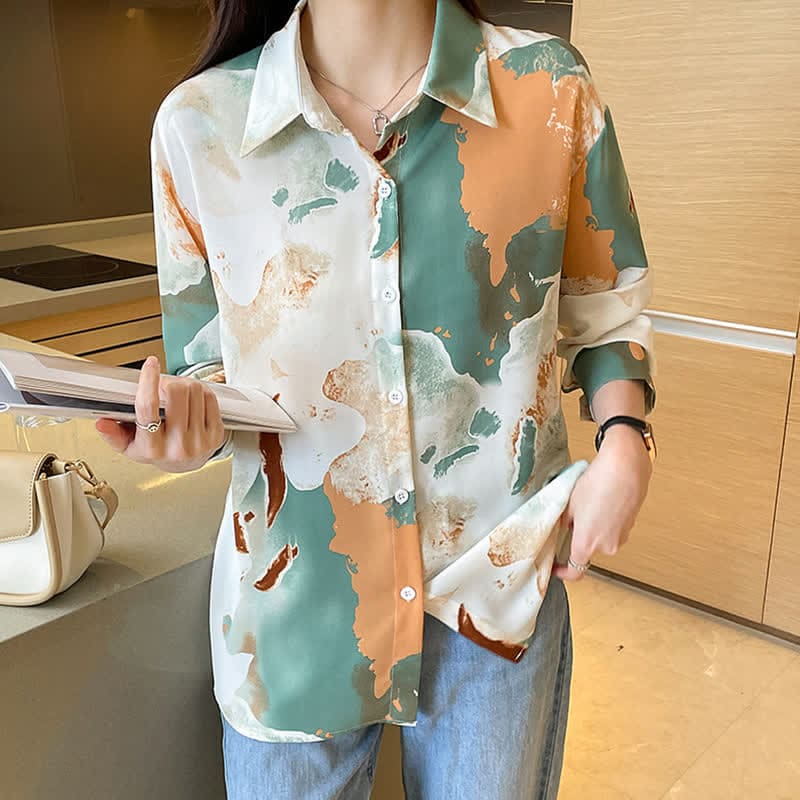 Sweet Colorblock Abstract Print Shirt Workwear