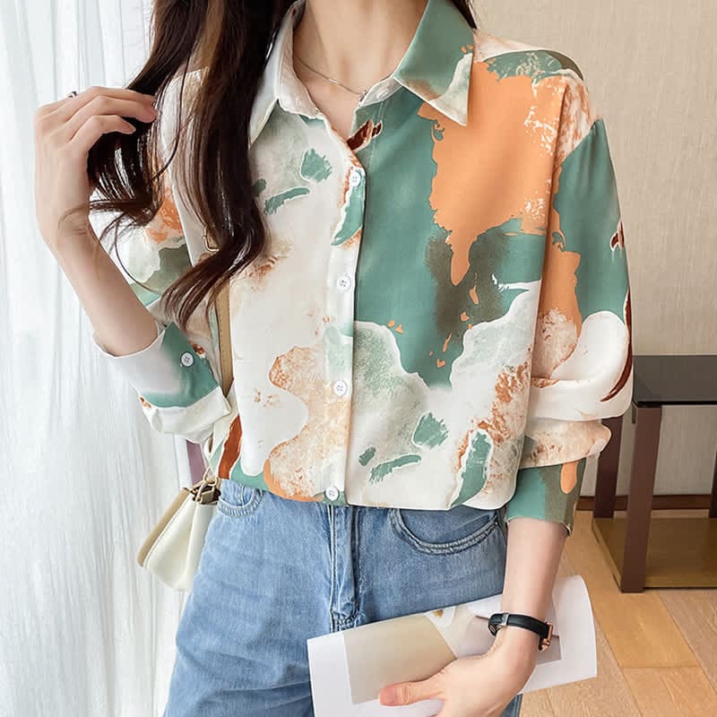 Sweet Colorblock Abstract Print Shirt Workwear