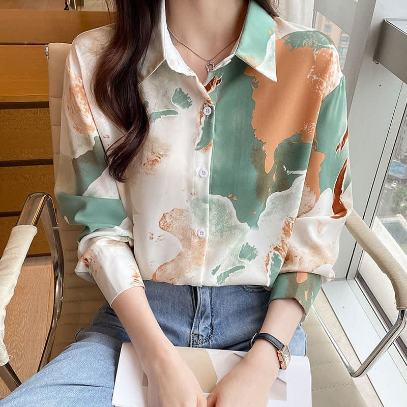 Sweet Colorblock Abstract Print Shirt Workwear