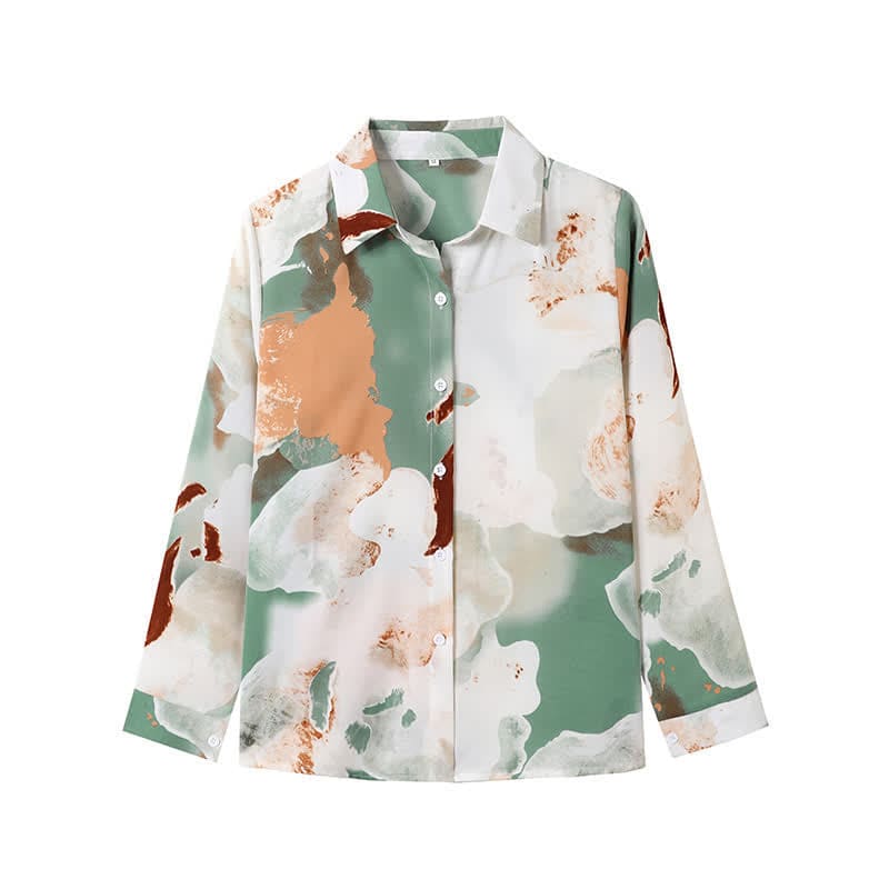 Sweet Colorblock Abstract Print Shirt Workwear - Green / M