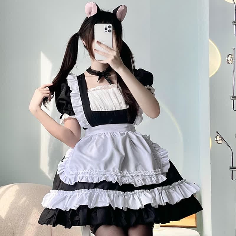 Sweet Cosplay Lace Ruffled Maid Lolita Dress Set - Black / S