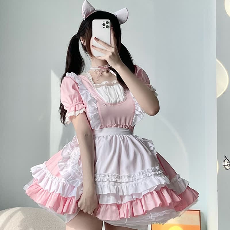 Sweet Cosplay Lace Ruffled Maid Lolita Dress Set - Pink / S