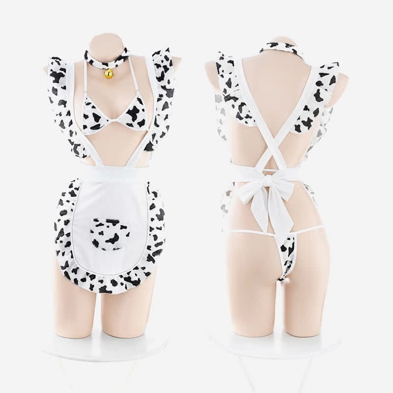 Sweet Cow Print Ruffled Maid Apron Lingerie  KawaiiMoriStore