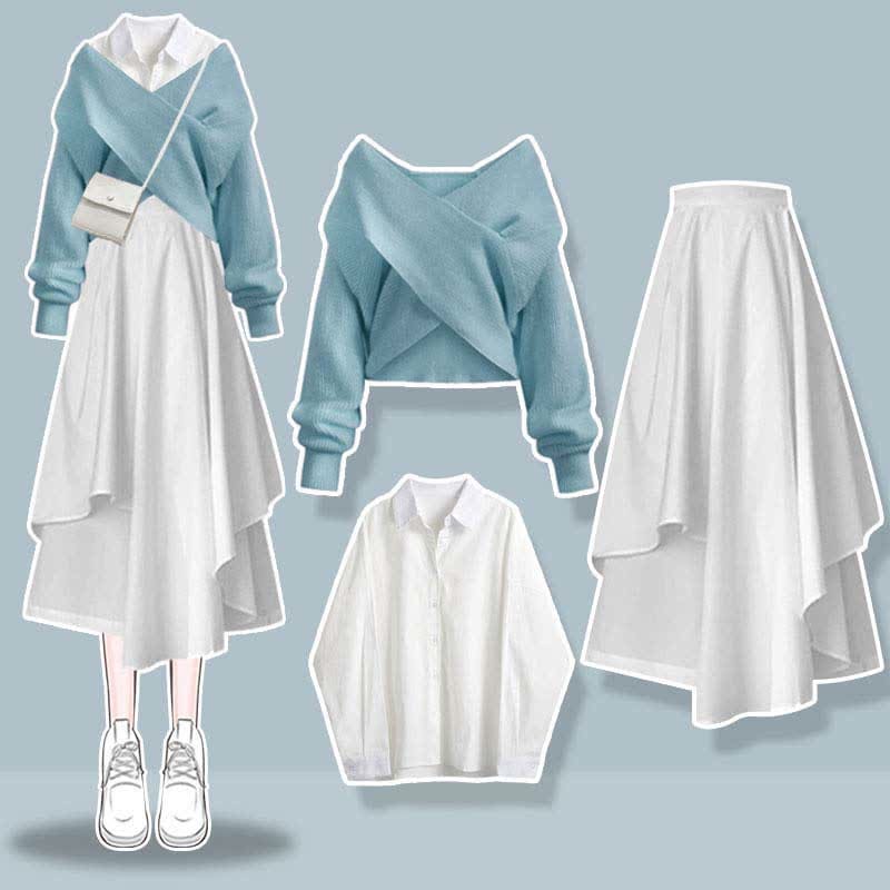 Sweet Cross Knit Sweater Lapel Shirt Irregular Skirt Set