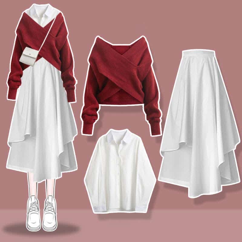 Sweet Cross Knit Sweater Lapel Shirt Irregular Skirt Set