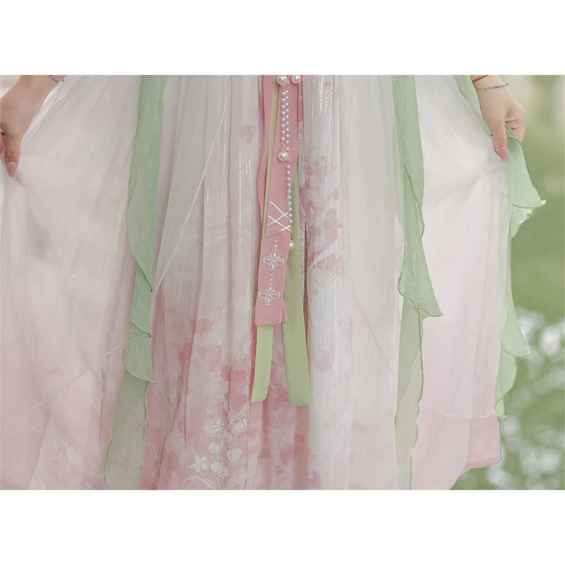 Sweet Floral Decor Mesh Dress Hanfu Costume