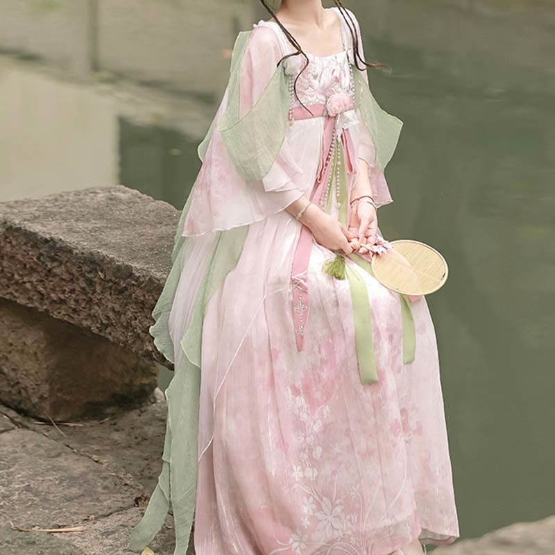 Sweet Floral Decor Mesh Dress Hanfu Costume