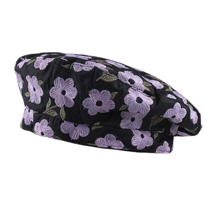 Sweet Floral Embroidery Beret Hat - Standart / Black/purple