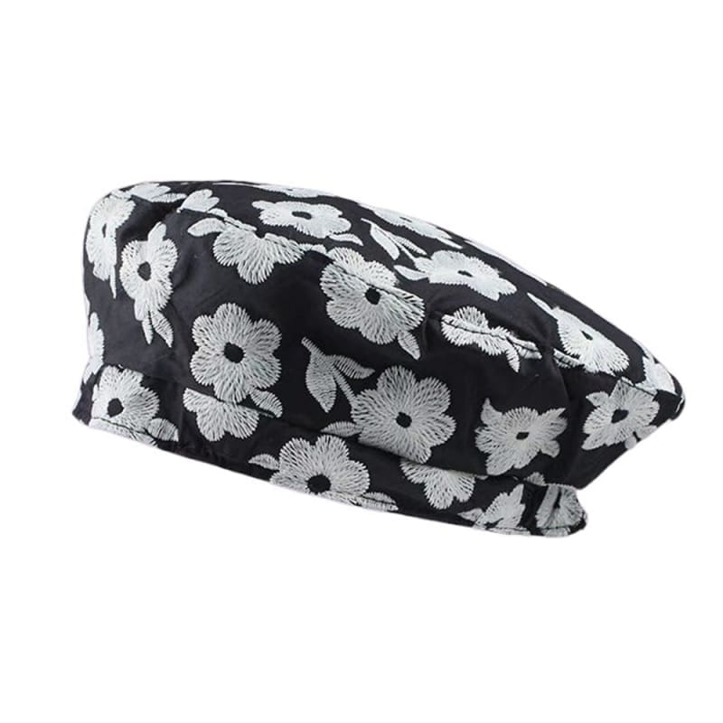 Sweet Floral Embroidery Beret Hat - Standart / Black/white