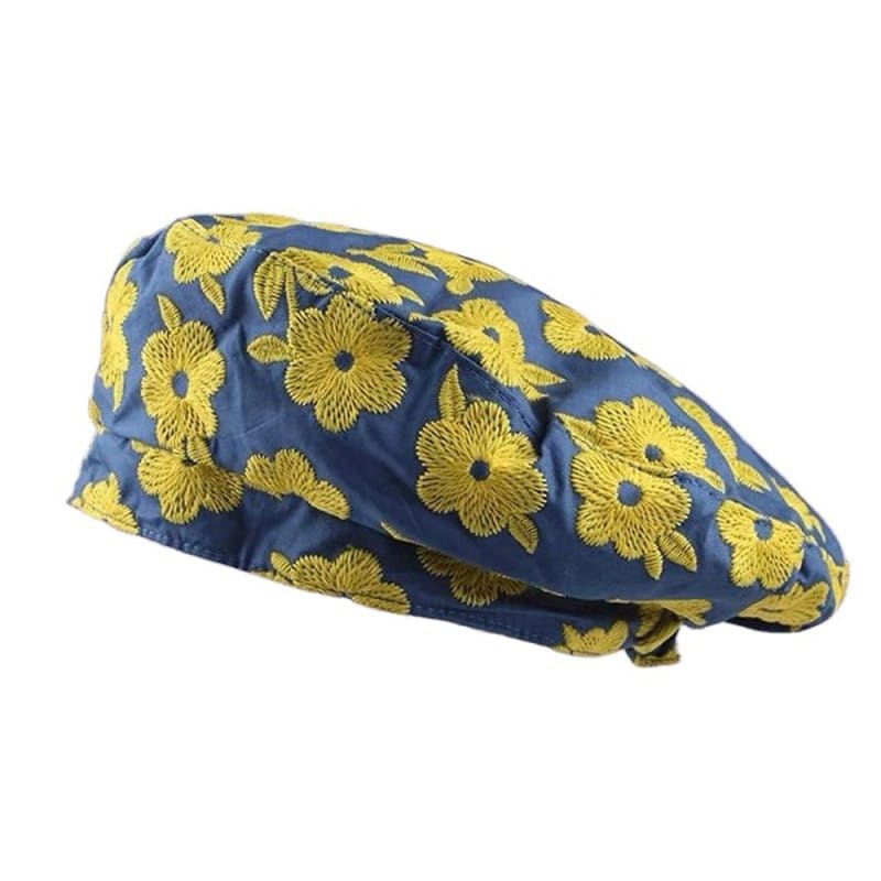 Sweet Floral Embroidery Beret Hat - Standart / Blue/yellow