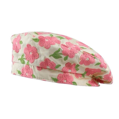 Sweet Floral Embroidery Beret Hat - Standart / White/pink