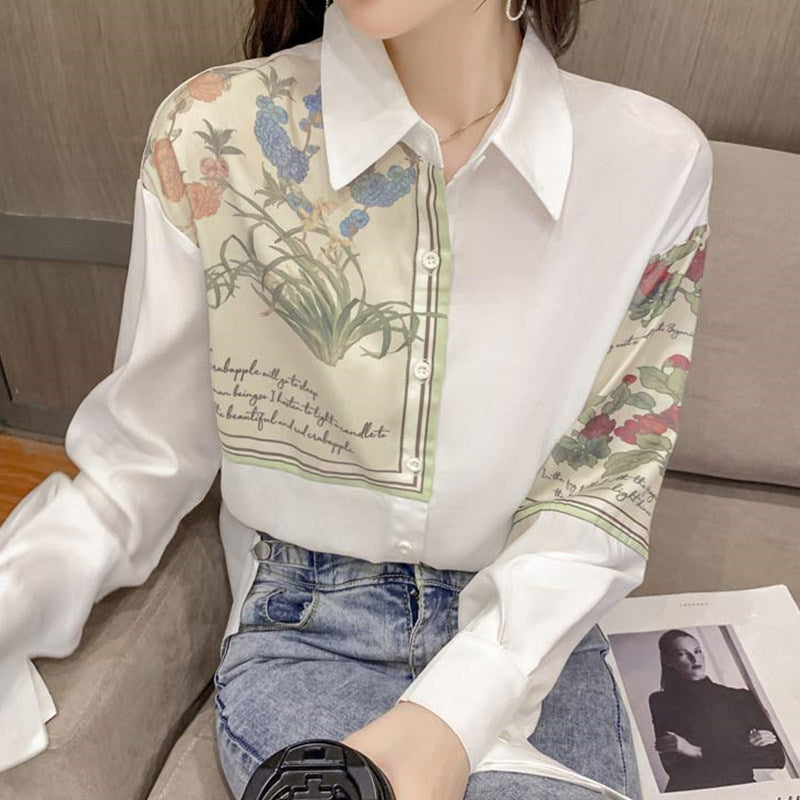 Sweet Floral Loose Lapel Shirt - White / S