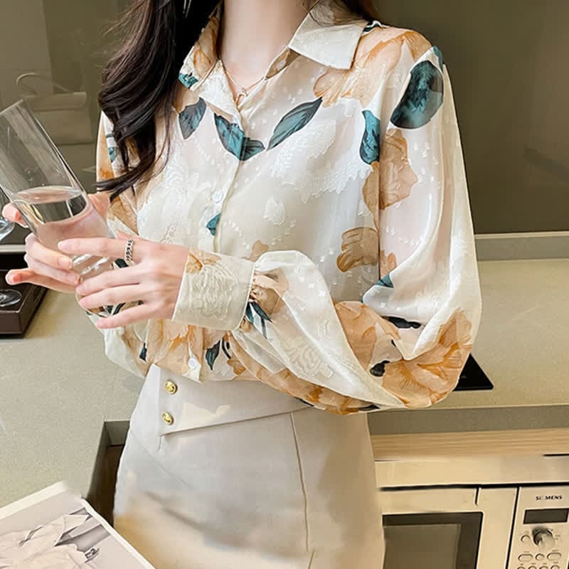 Sweet Floral Puff Sleeve Lapel Chiffon Shirt