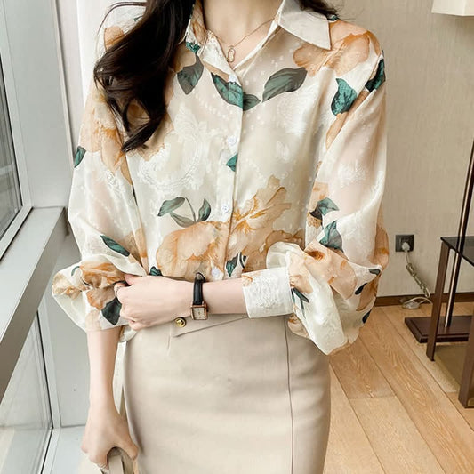 Sweet Floral Puff Sleeve Lapel Chiffon Shirt