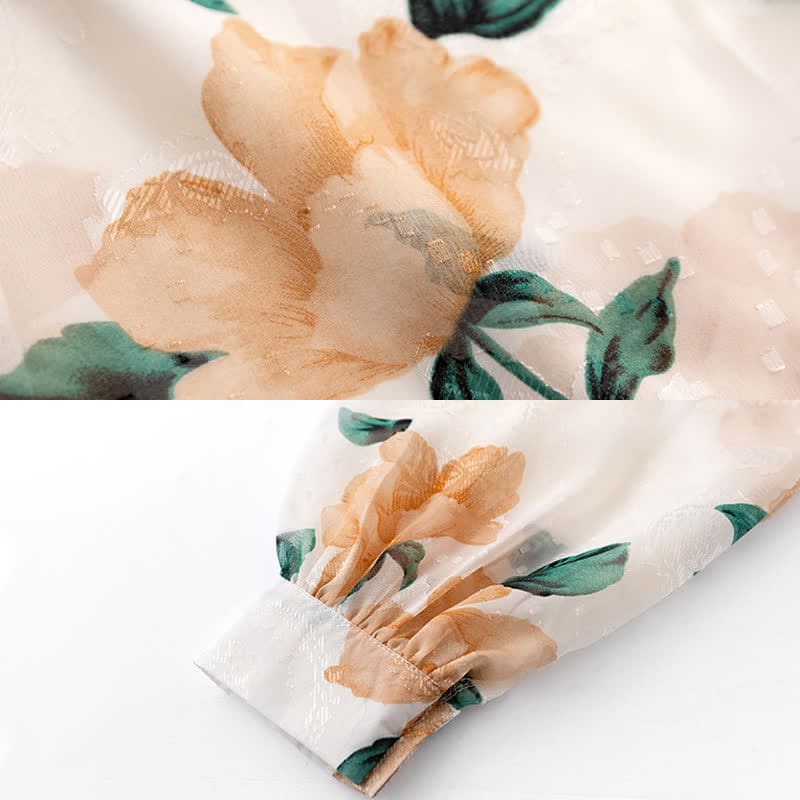 Sweet Floral Puff Sleeve Lapel Chiffon Shirt