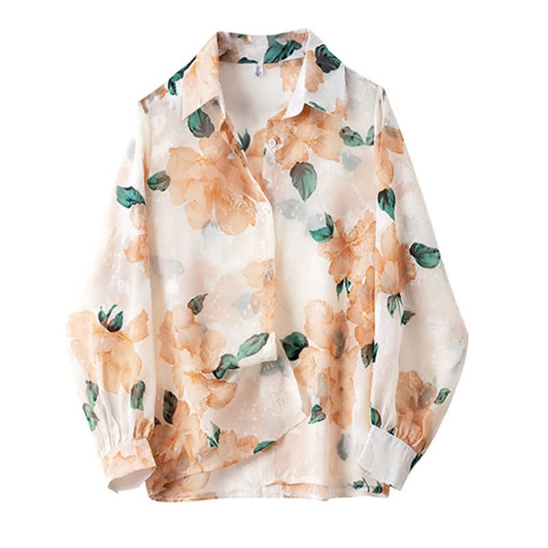 Sweet Floral Puff Sleeve Lapel Chiffon Shirt - Orange / M