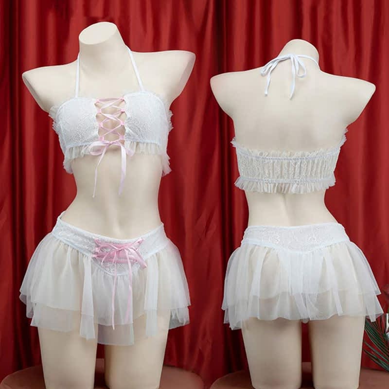 Sweet Halter Lace up Chiffon Maid Lingerie Set - White