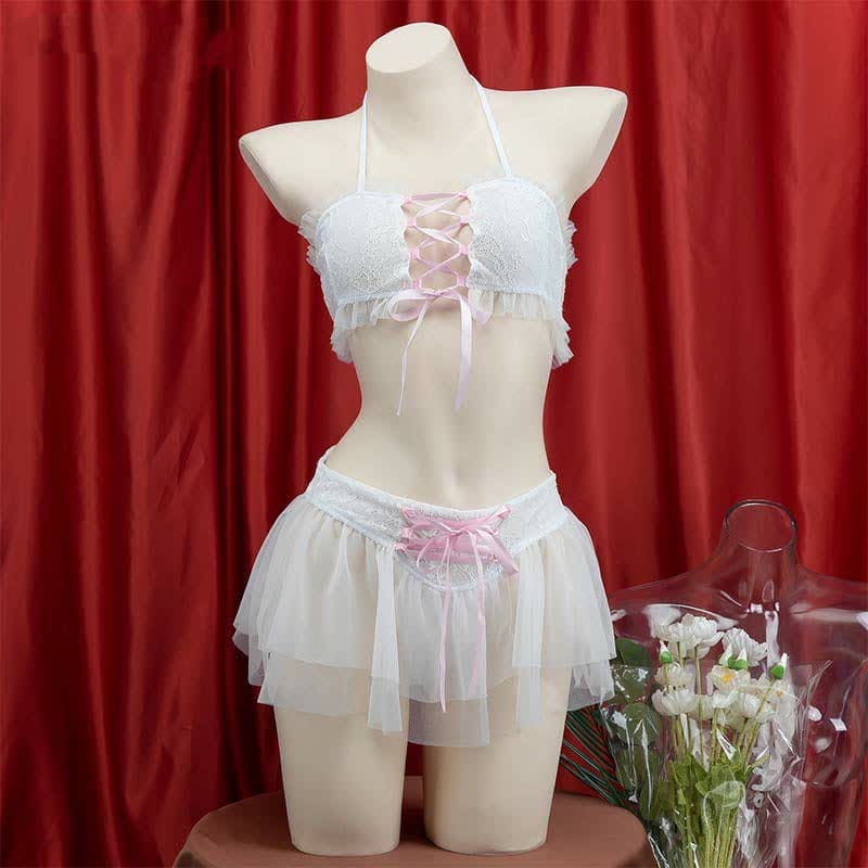 Sweet Halter Lace up Chiffon Maid Lingerie Set - White