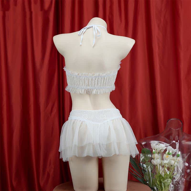 Sweet Halter Lace up Chiffon Maid Lingerie Set - White