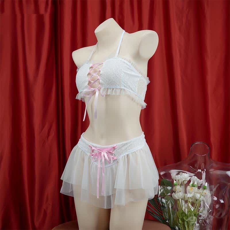 Sweet Halter Lace up Chiffon Maid Lingerie Set - White