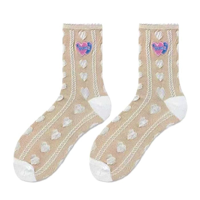 Sweet Heart Embroidery Socks - Beige - Socks