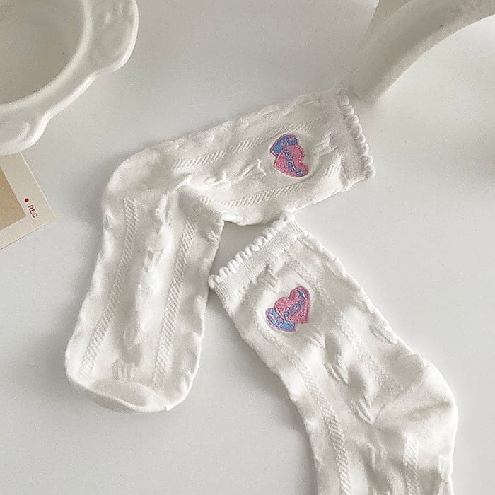 Sweet Heart Embroidery Socks - White - Socks