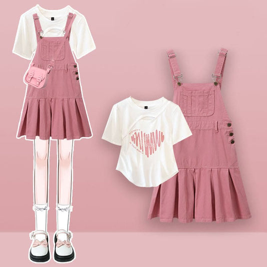 Sweet Irregular Shirt Pink Suspender Skirt - Set / M