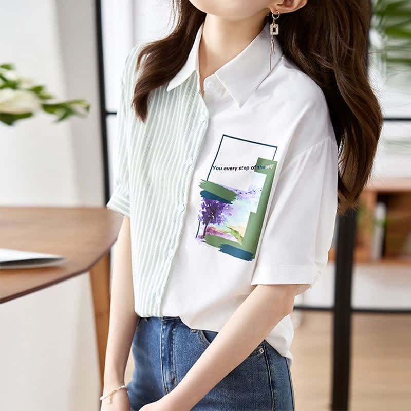 Sweet Irregular Stripe Chiffon Lapel Shirt