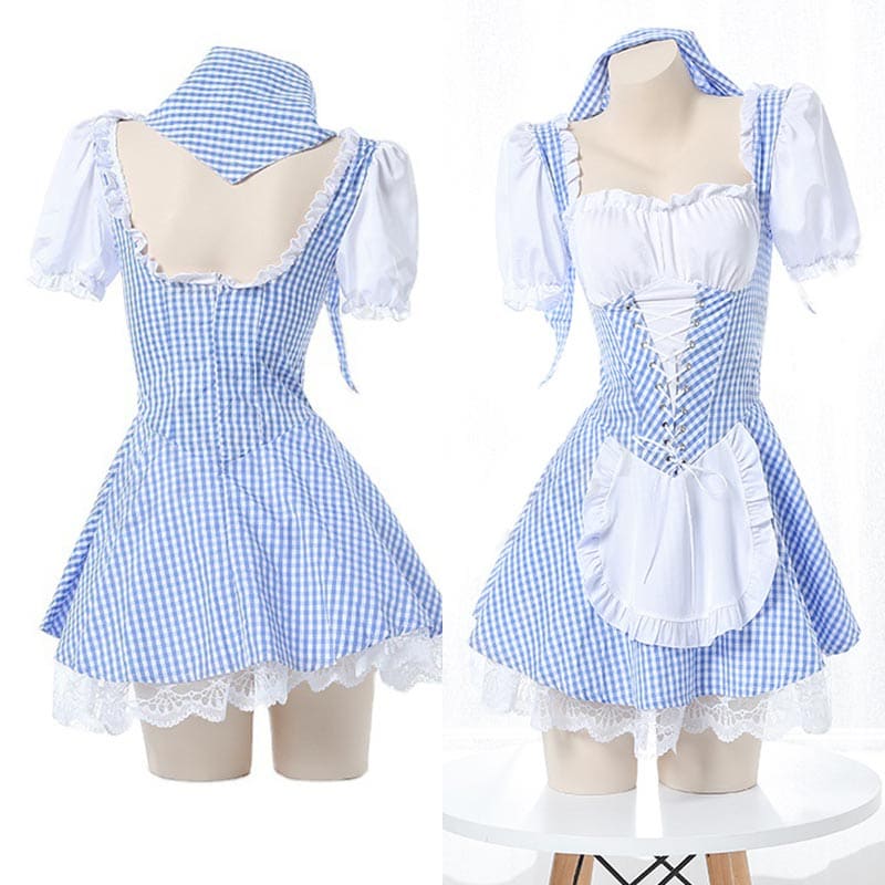 Sweet Kawaii Lattice Print Lace Up Maid Dress