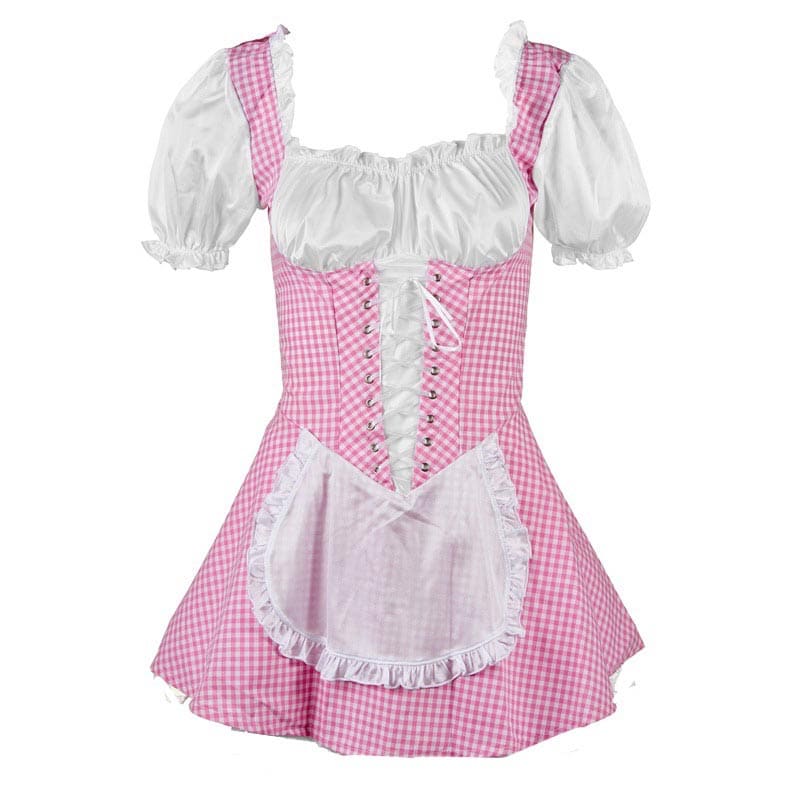 Sweet Kawaii Lattice Print Lace Up Maid Dress - Pink / M