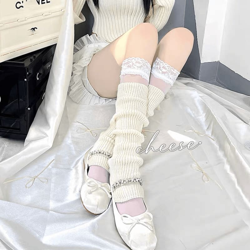 Sweet Knit Long Leg Warmers - Beige White Leg Warmers