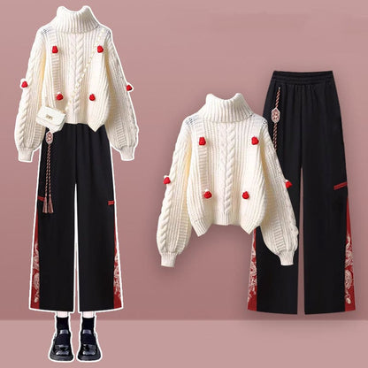 Sweet Knit Sweater Vintage Dragon Pattern Split Pants - Set