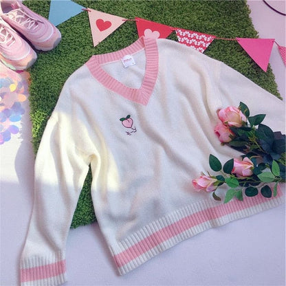 Sweet Knitted Vest Embroidery Peach Strawberry Sweater